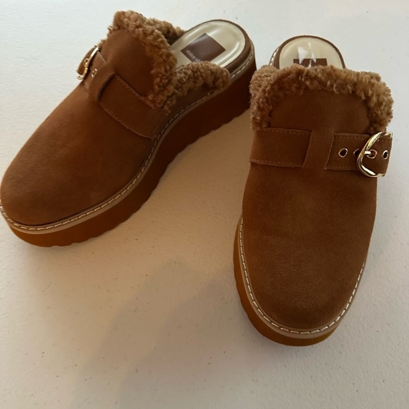 NWOB Dolce Vita Lelani Plush Flats Pecan Suede platform Mules faux fur lined 8.5 - Picture 11 of 14